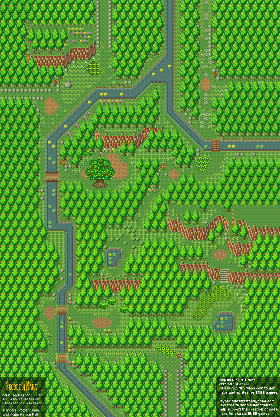 Secret of Mana - Pandora, Potos Village, Water Palace Path - Super Nintendo SNES Background Map